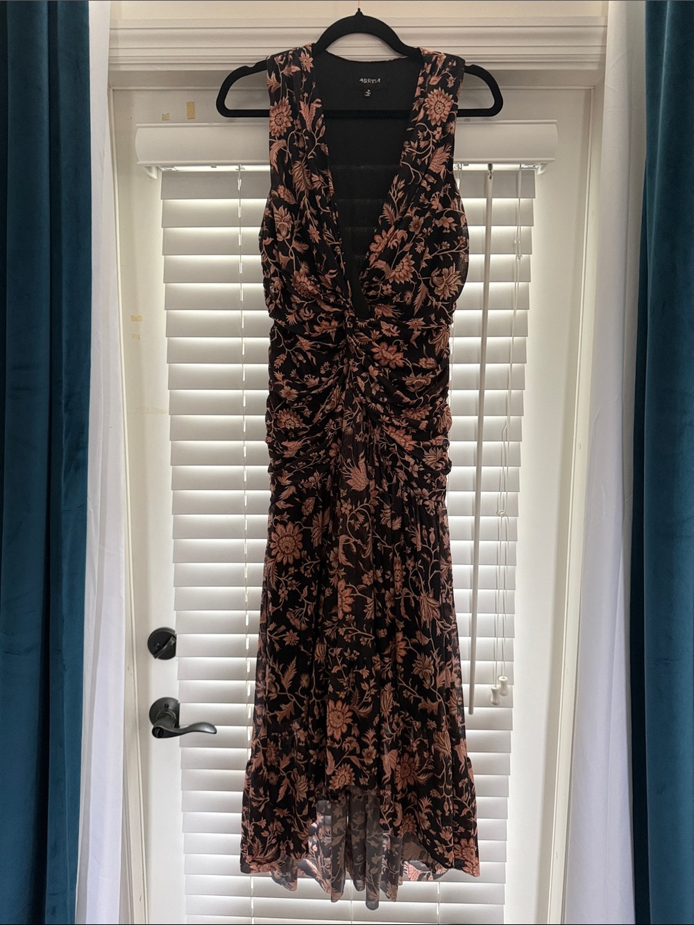 Anthropologie Floral Ruched V-Neck Sleeveless Maxi Dress - Black with Blush